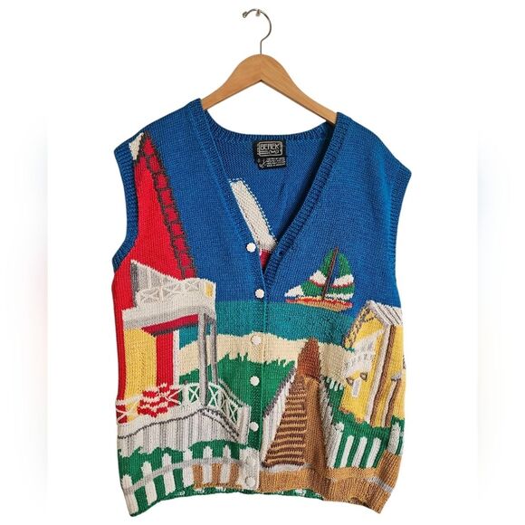 Vintage Berek Marta D 1992 Hand Knit 3D "Beach Sea shore" Button-up Vest… - Picture 1 of 3